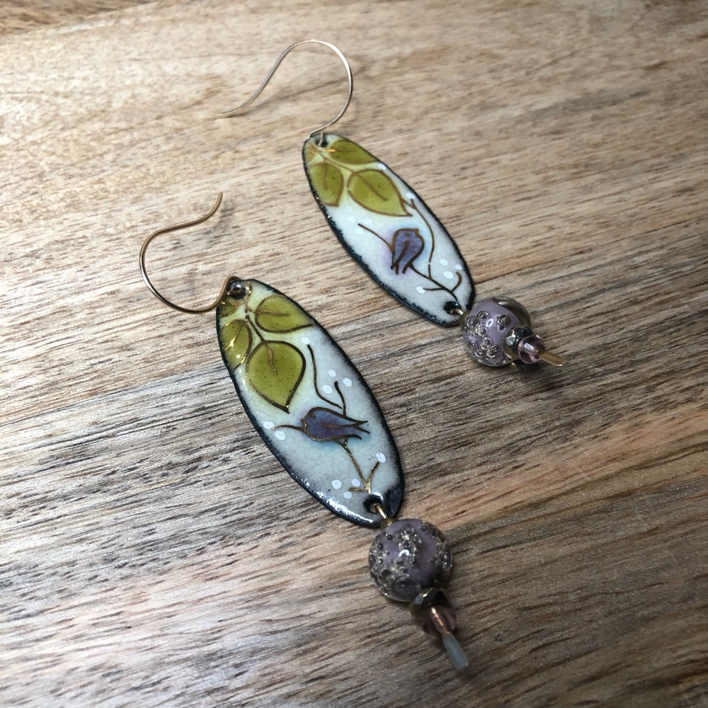 Enamel on Copper Earrings with Lampwork Beads Featuring Bird and Leaf Design